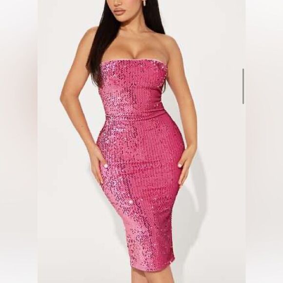 MAGENTA SEQUIN DRESS BODYCON MIDI ROMINA LINED FASHION NOVA PARTY VEGAS NWT SZ L - Picture 3 of 13